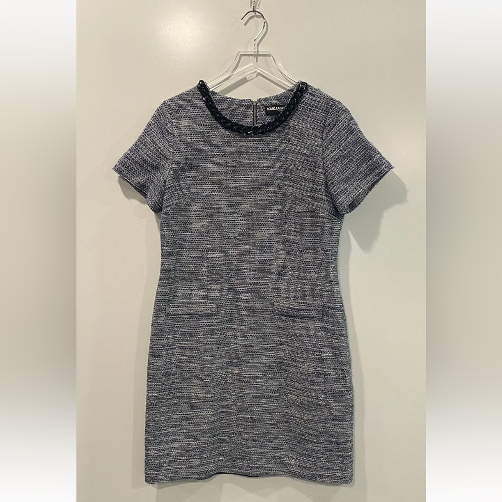 Karl Lagerfeld Knit Short-Sleeve Shift Dress in Navy Heather EUC
